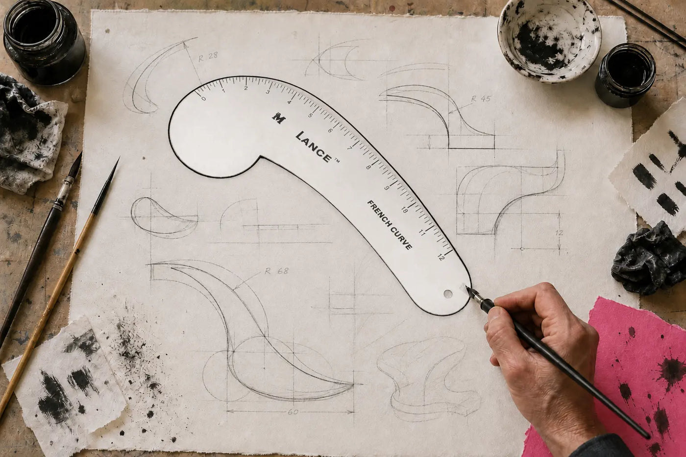 A hand pulls an ink line along a Lance French curve on a studio table