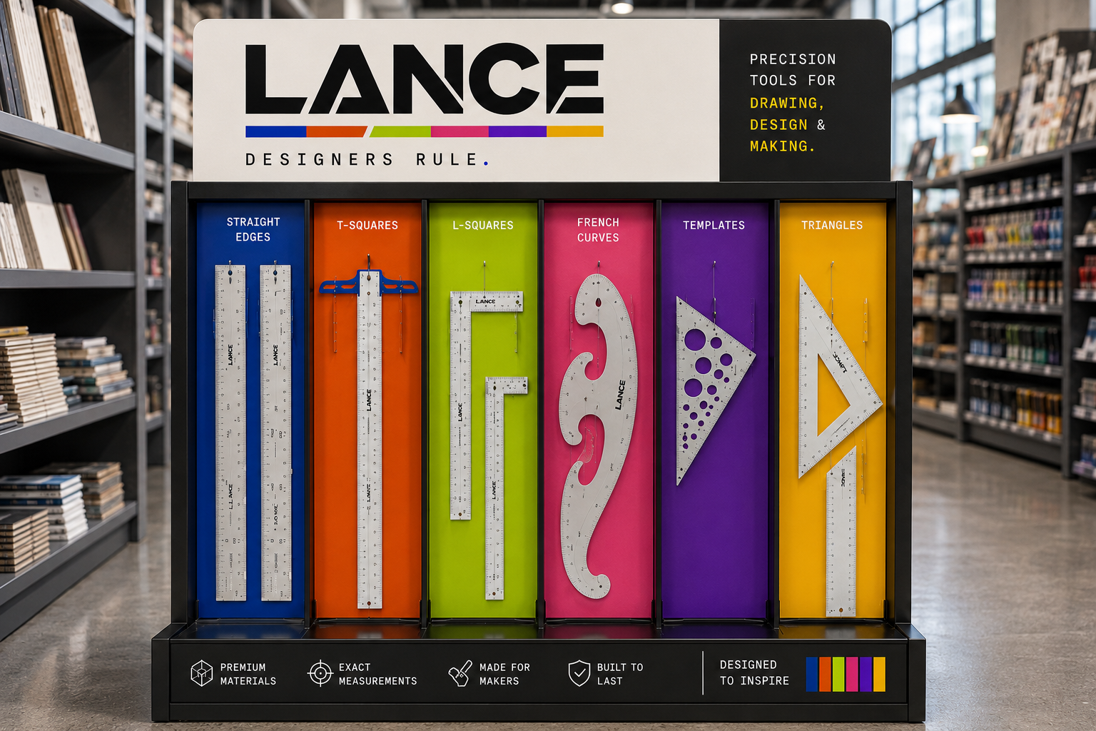The Lance color wall fixture installed in an art-supply aisle, a shopper reaching for a ruler