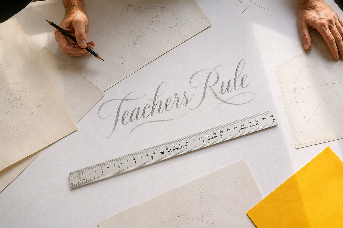 A teacher in their classroom beside a wall rack of Lance rulers